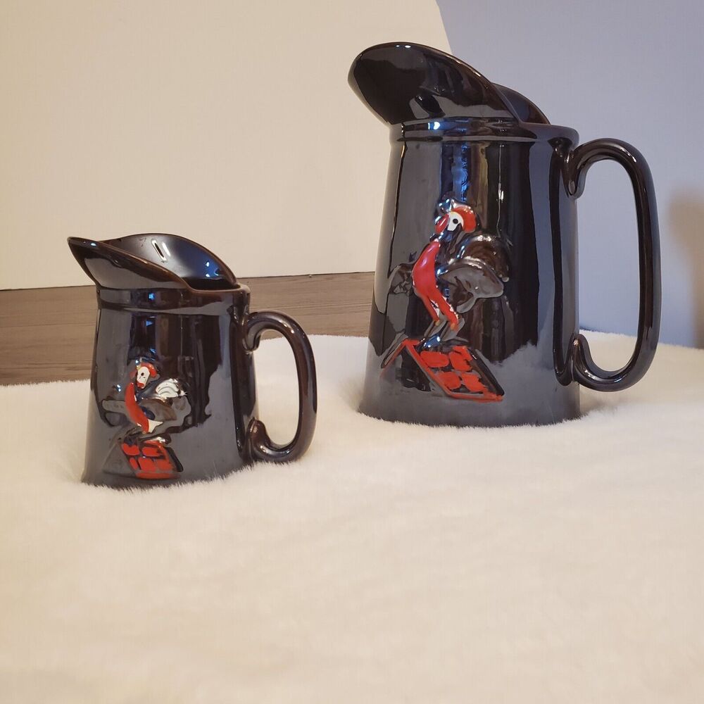 Vintage Ceramic Syrup Serving 2 Pitchers 🐓 Roosters Brown Glaze SET‎